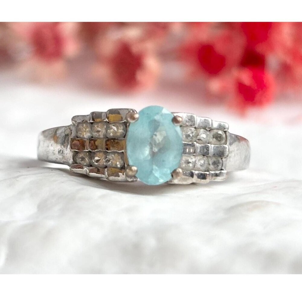 Natural Aquamarine Geoemtric 925 Sterling Silver Vintage Ring - sz 7.25
